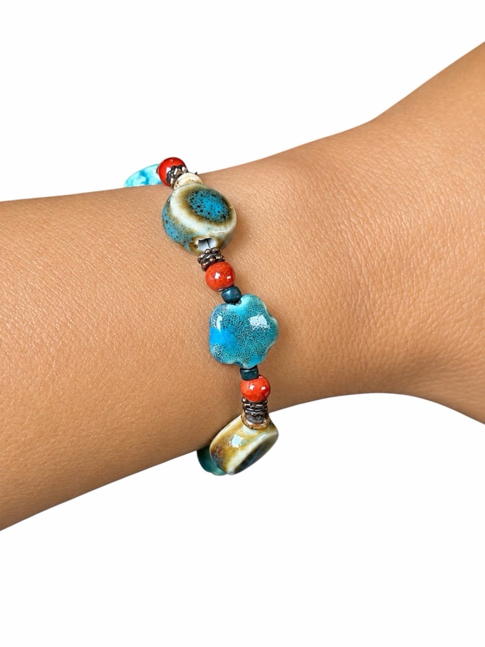 Artisan Glazed Ceramic Beaded Bracelet Boho Cottagecore